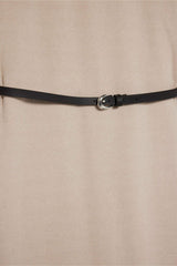 Regular Fit Crew Neck Belted Selanik Fabric Maxi Dress