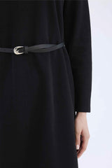 Regular Fit Crew Neck Belted Selanik Fabric Maxi Dress