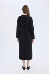 Regular Fit Crew Neck Belted Selanik Fabric Maxi Dress