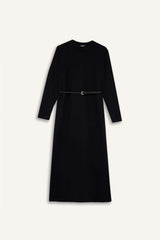 Regular Fit Crew Neck Belted Selanik Fabric Maxi Dress