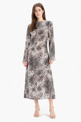 A Cut Ruffle Collar Animal Patterned Midi Dress