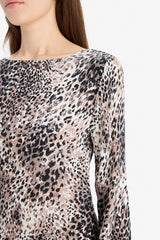 A Cut Ruffle Collar Animal Patterned Midi Dress