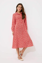 Shirt Collar Patterned Long Sleeve Midi Dress