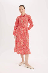 Shirt Collar Patterned Long Sleeve Midi Dress