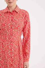 Shirt Collar Patterned Long Sleeve Midi Dress