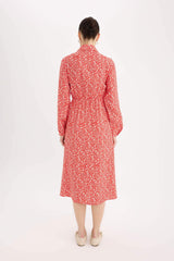 Shirt Collar Patterned Long Sleeve Midi Dress