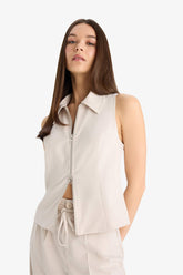 Polo Collar Zippered Woven Vest