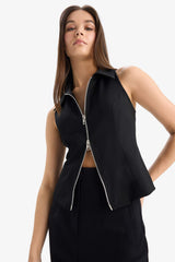 Polo Collar Zippered Woven Vest