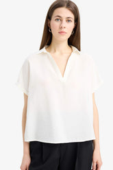 Comfort Fit Shirt Collar Basic Flat Short Sleeve Blouse