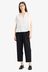 Comfort Fit Shirt Collar Basic Flat Short Sleeve Blouse