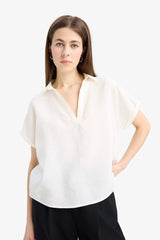 Comfort Fit Shirt Collar Basic Flat Short Sleeve Blouse