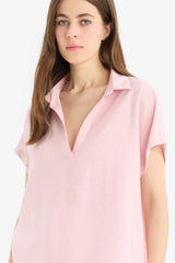 Comfort Fit Shirt Collar Basic Flat Short Sleeve Blouse