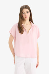 Comfort Fit Shirt Collar Basic Flat Short Sleeve Blouse