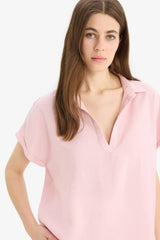 Comfort Fit Shirt Collar Basic Flat Short Sleeve Blouse