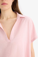 Comfort Fit Shirt Collar Basic Flat Short Sleeve Blouse