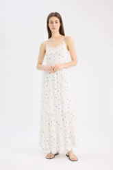 A-Line Lace V-Neck Floral Crinkle Fabric Strappy Maxi Dress