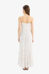 A-Line Lace V-Neck Floral Crinkle Fabric Strappy Maxi Dress