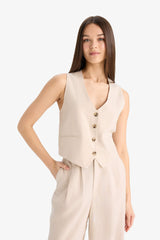 V Neck Linen Blend Blazer Vest