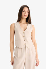 V Neck Linen Blend Blazer Vest