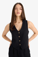 V Neck Linen Blend Blazer Vest
