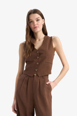 V Neck Linen Blend Blazer Vest