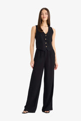 Normal Waist Standard Size Wide Leg Linen Blended Palazzo Pants With Wide Leg Zipper