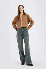 Regular Fit Contrast Collar Zippered Pocket Cotton Jacket Coat