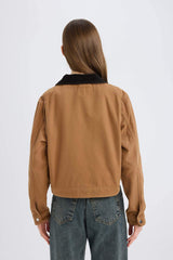 Regular Fit Contrast Collar Zippered Pocket Cotton Jacket Coat