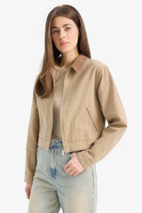 Regular Fit Contrast Collar Zippered Pocket Cotton Jacket Coat