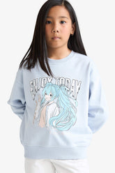 Girl's Relax Fit Crew Neck Anime Printed Sweatshirt