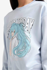 Girl's Relax Fit Crew Neck Anime Printed Sweatshirt