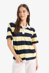 Loose Fit Polo Neck Striped T-Shirt