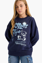 Girls Oversize Wide Pattern Crew Neck Printed Sweatshirt