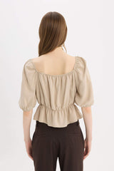 Regular Fit U Neck Linen Blend Blouse