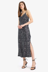 Patterned Slit Adjustable Straps Satin Midi Dress