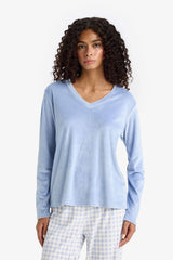 Pajama Set Regular Fit Long Sleeve Velour Top Plaid Long Bottom-Fall in Love