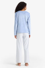 Pajama Set Regular Fit Long Sleeve Velour Top Plaid Long Bottom-Fall in Love