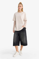 Oversize Loose Fit Crew Neck Lace Detail Long Sleeved T-shirt