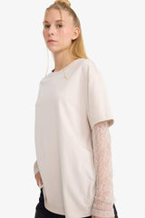 Oversize Loose Fit Crew Neck Lace Detail Long Sleeved T-shirt