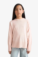 Girl's Oversize Wide Pattern Crew Neck Knitwear Sweater