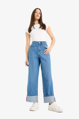 Relax Fit High Waist Straight Leg Long Jean Snow Washed Trousers