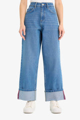 Relax Fit High Waist Straight Leg Long Jean Snow Washed Trousers