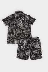 Man Baby 2 Pcs Set Patterned Flamed Poplin Short Sleeve Shirt Waist Rubber Shorts