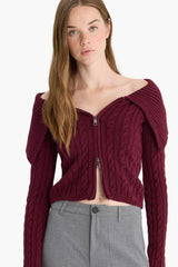 Regular Fit Open Shoulder Zippered Knitwear Cardigan