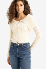 Regular Fit Open Shoulder Zippered Knitwear Cardigan