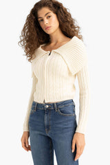 Regular Fit Open Shoulder Zippered Knitwear Cardigan