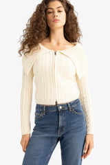 Regular Fit Open Shoulder Zippered Knitwear Cardigan