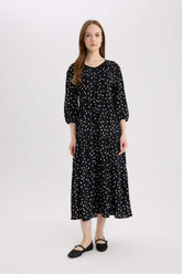 Regular Fit Patterned V Neck Long Sleeve Maxi Dress
