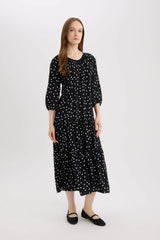 Regular Fit Patterned V Neck Long Sleeve Maxi Dress