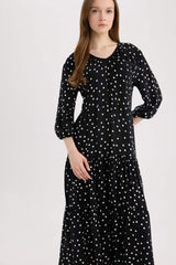 Regular Fit Patterned V Neck Long Sleeve Maxi Dress